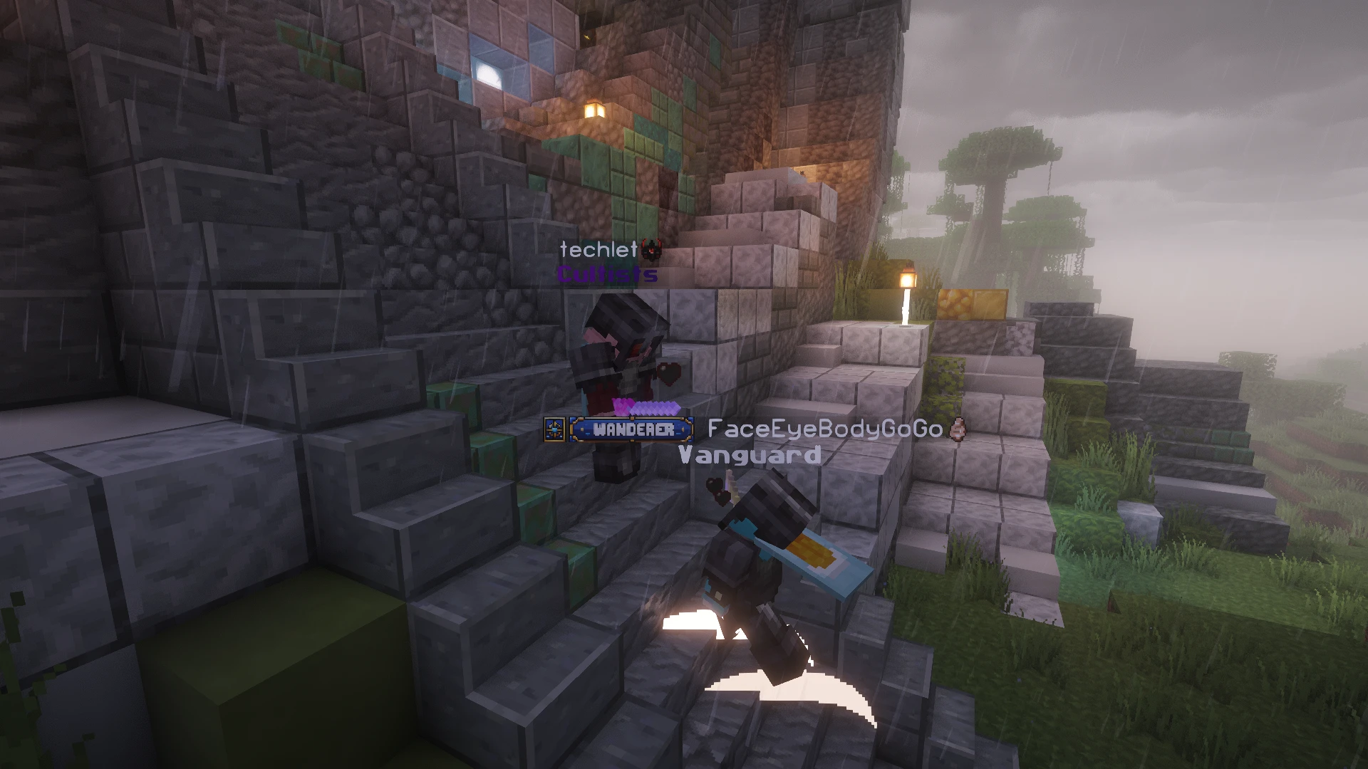 Two rival players, one marked Cultists and one marked Vanguard, face off on rain-slicked stone stairs at night
